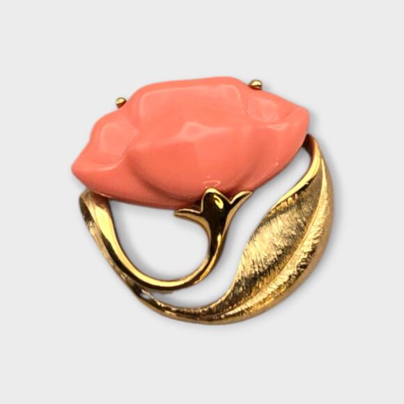 Avon Jewelry - Vintage Avon Coral Rose Flower Brooch Gold Tone with Leaf Accent